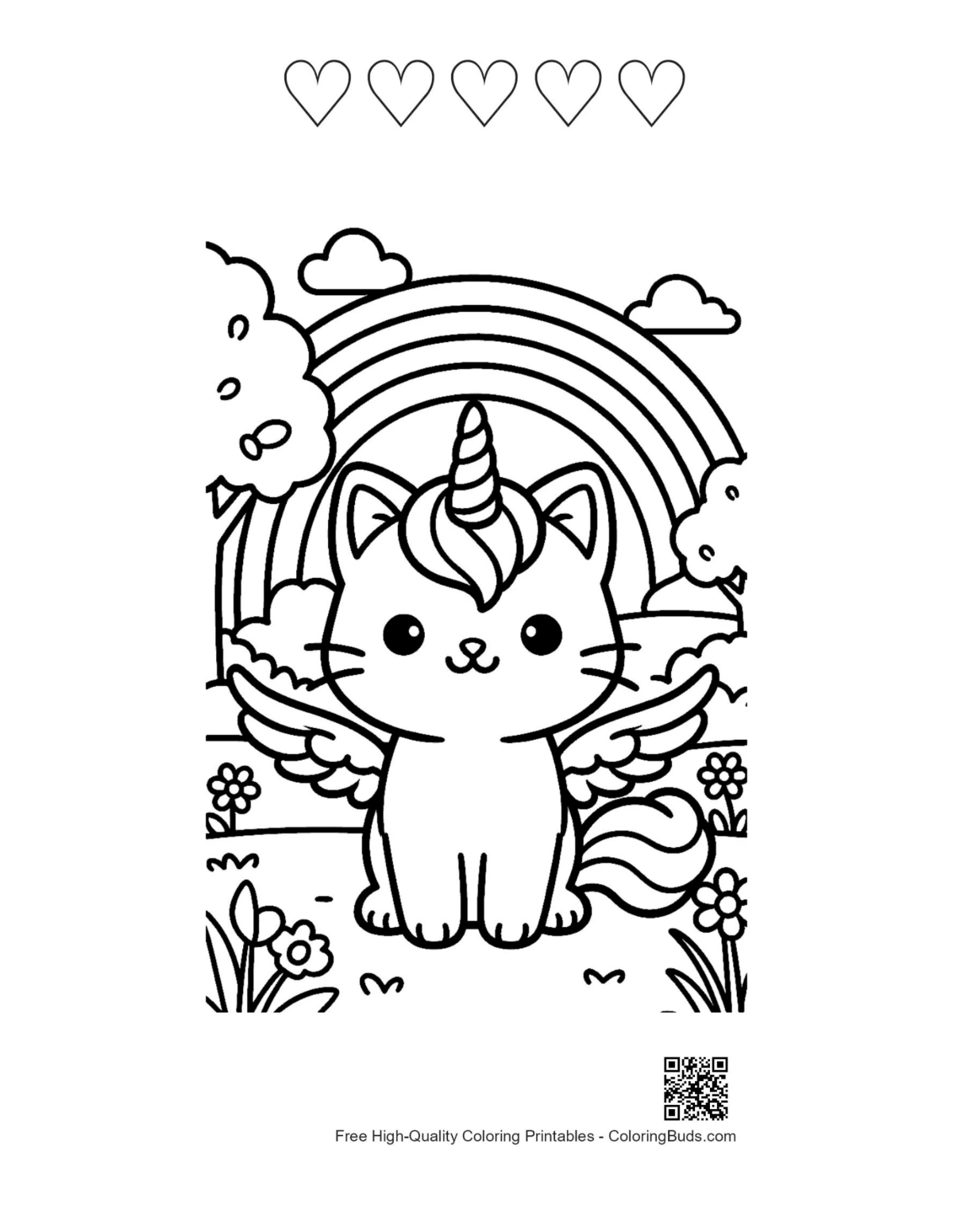 Unicorn cat printable with hearts