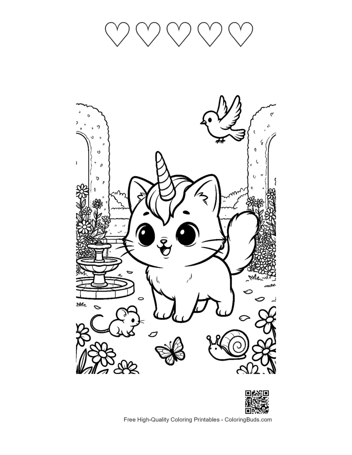 Gato unicornio para imprimir con 5 corazones
