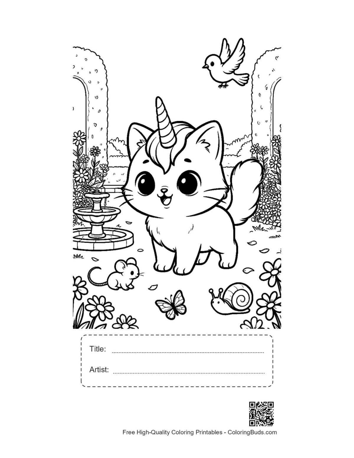 Gato unicornio para imprimir con caja título artista para colorear