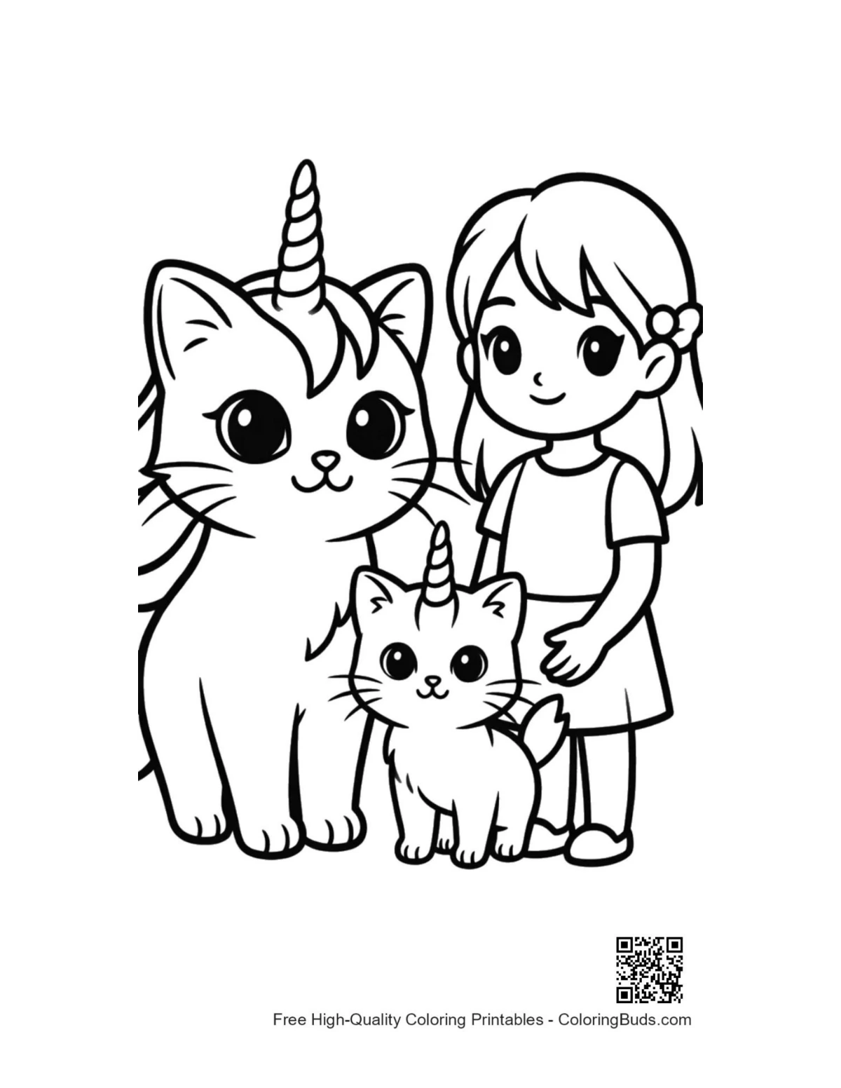 Girl with magical unicorn cats outline coloring page