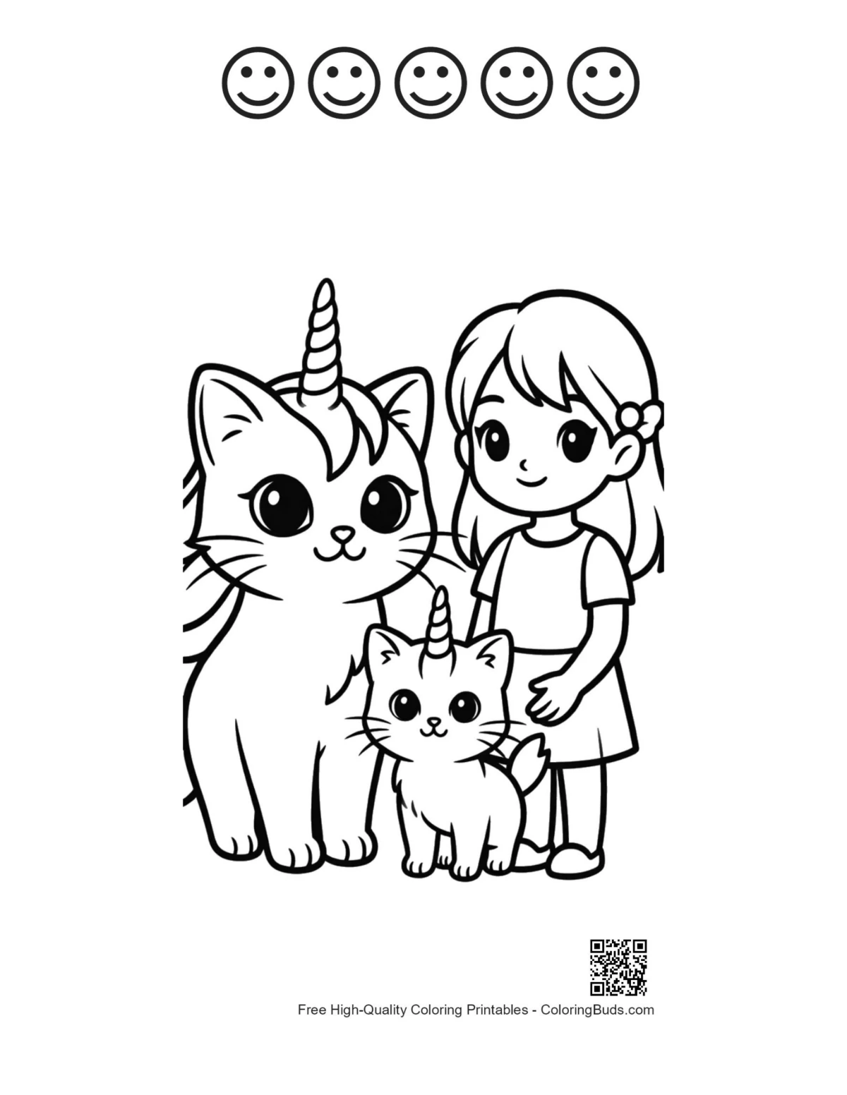 Printable girl with unicorn cats and 5 happy faces