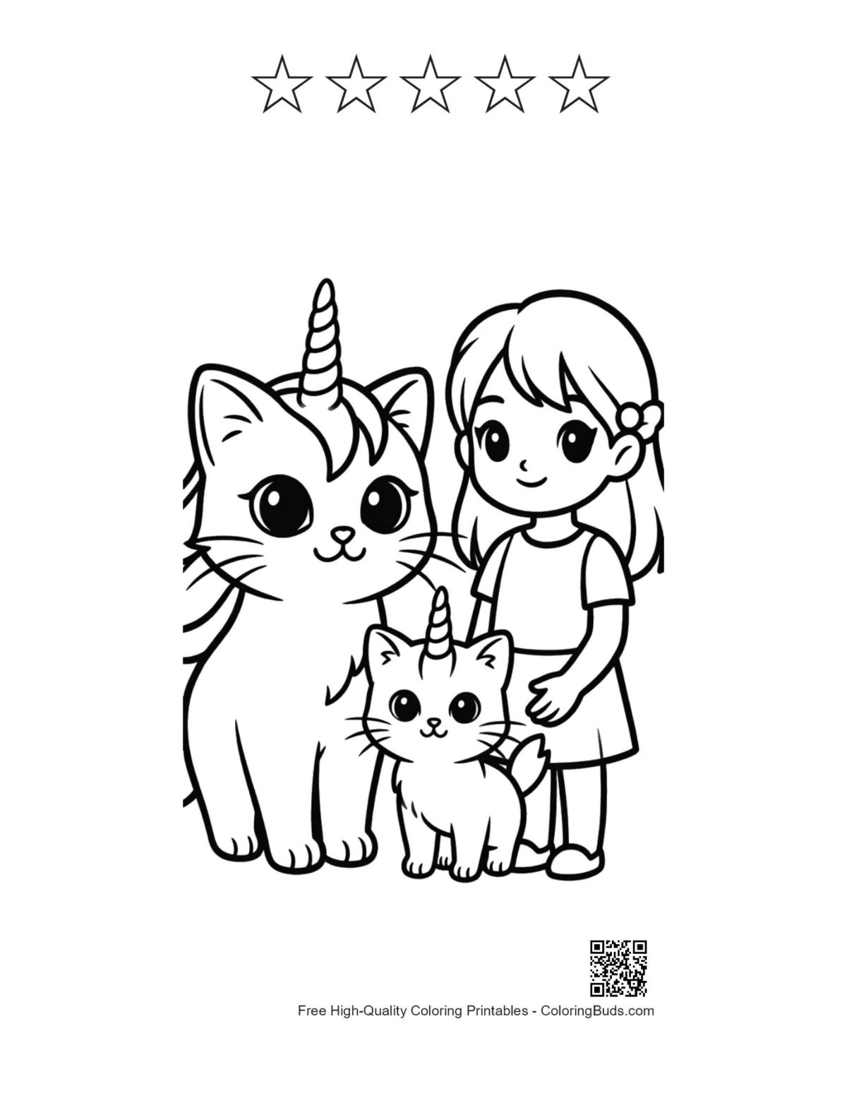 Girl unicorn cats printable with 5 star outlines