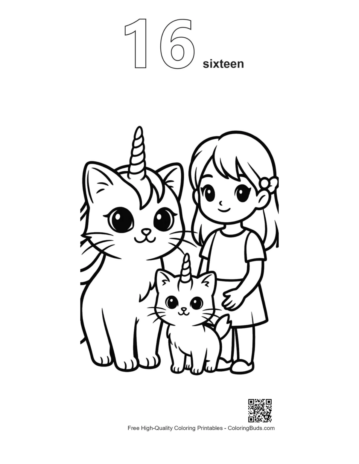 Unicorn cats outline printable number 16 girl design