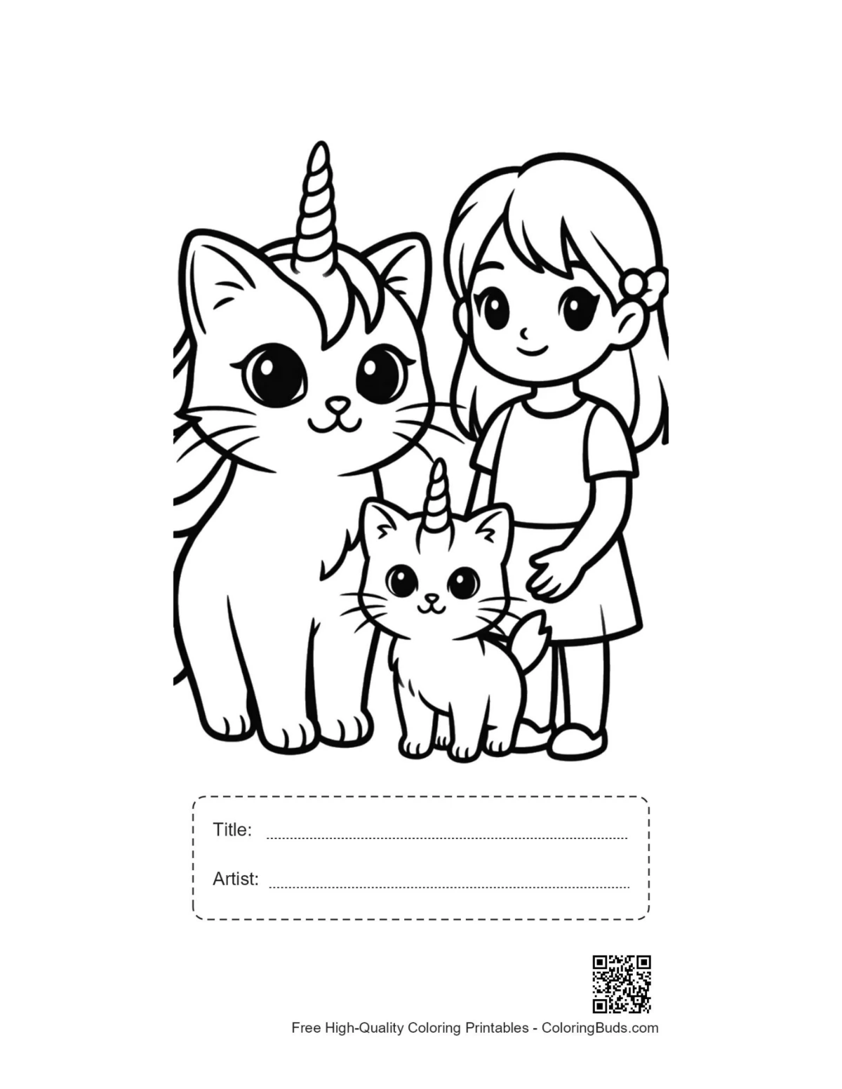 Printable girl unicorn cats outline with title artist box
