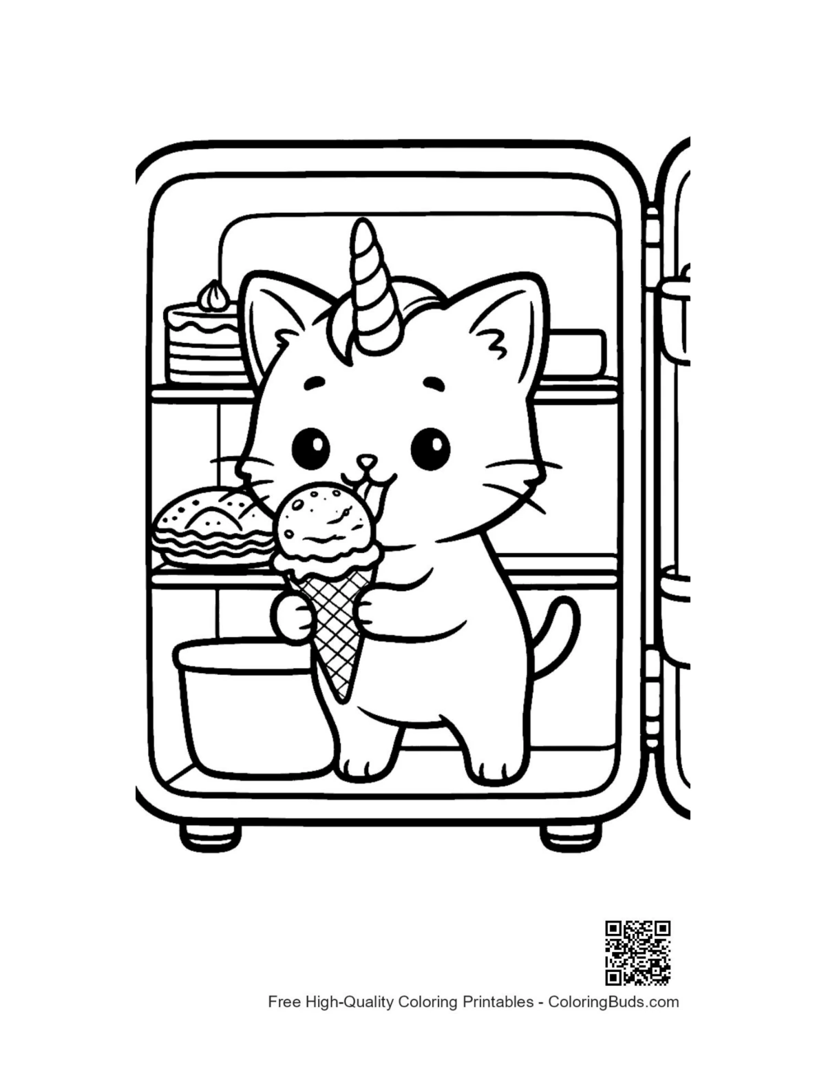 Cute caticorn eating sundae cone near fridge printable