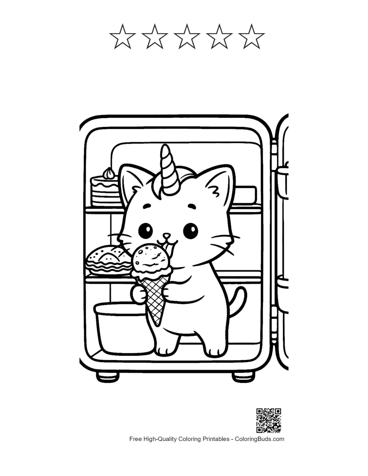 Caticorn sundae page with 5 star outlines printable