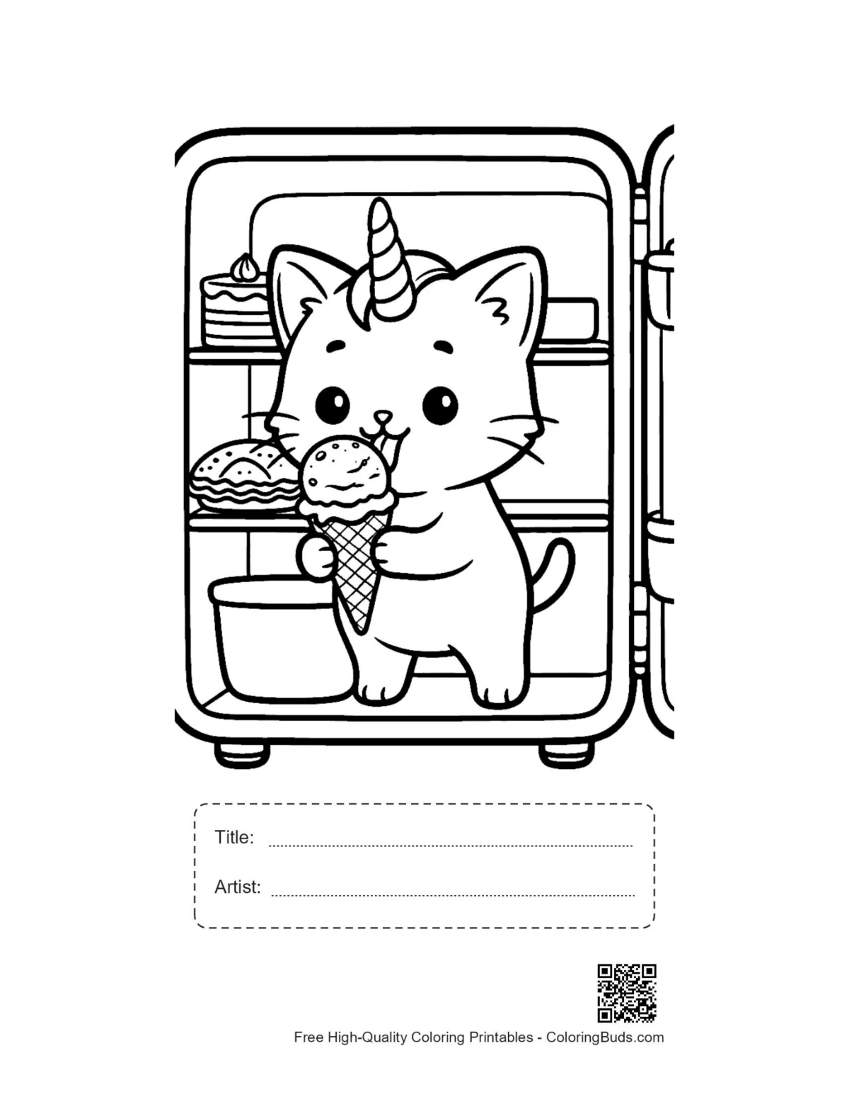 Caticorn sundae cone coloring page with title box