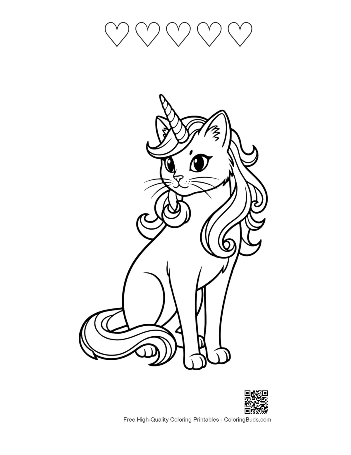 Unicorn cat coloring page heart outlines