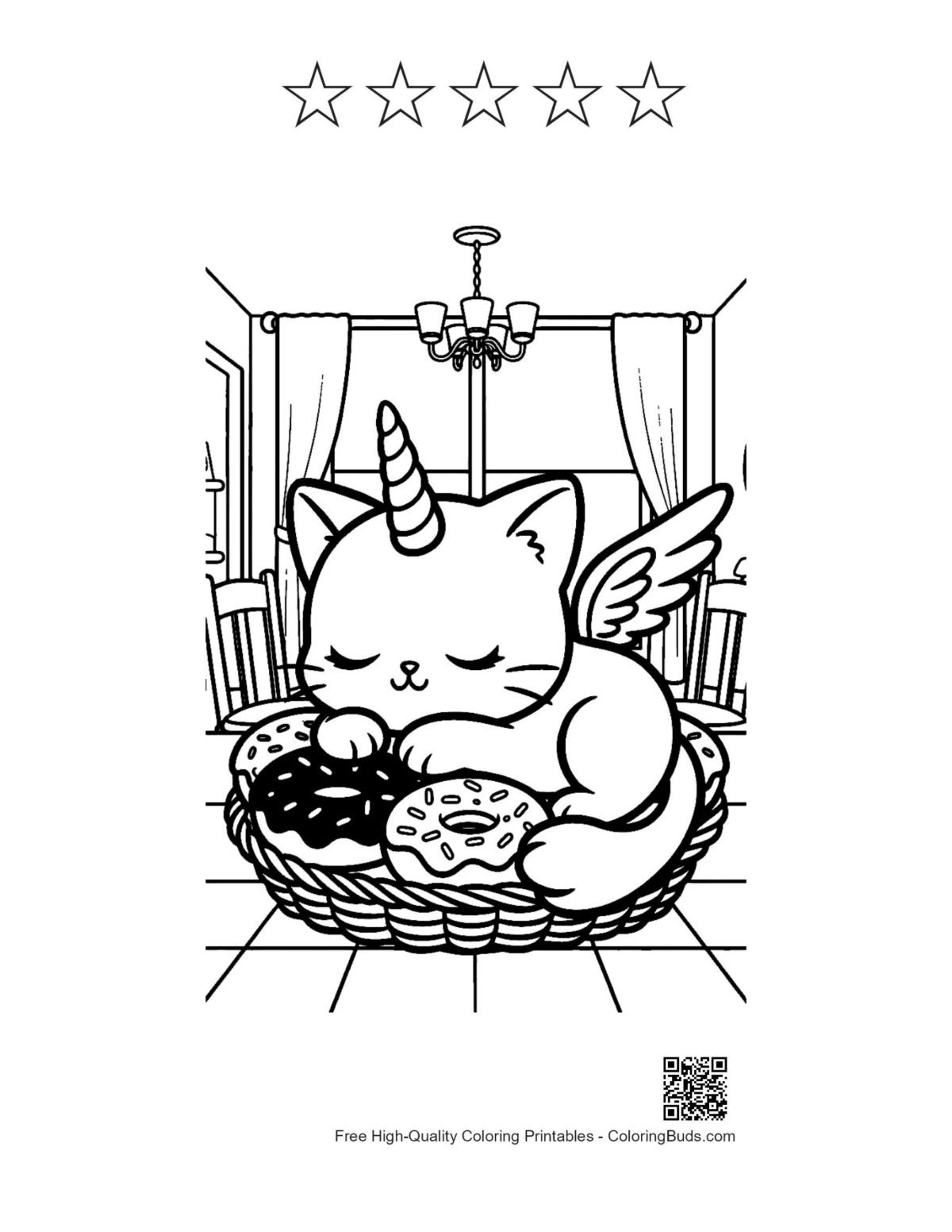 Unicorn cat printable with 5 star outlines and planet