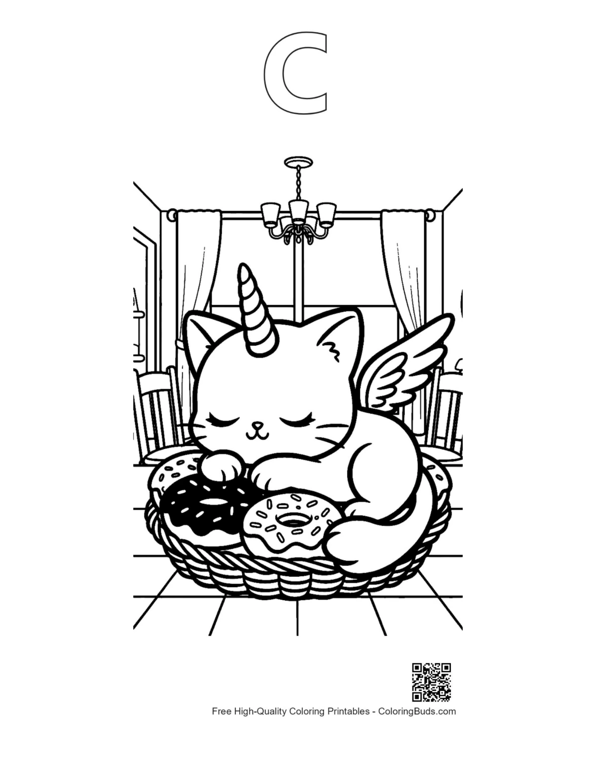 Unicorn cat floating printable with alphabet C outline