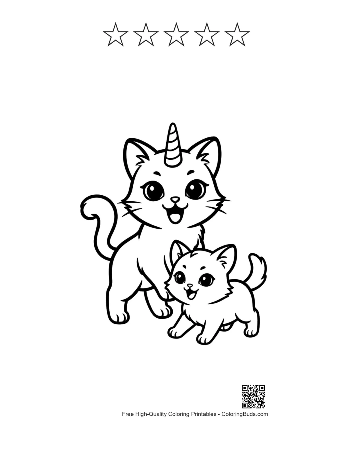 Unicorn cat printable with 5 star outlines