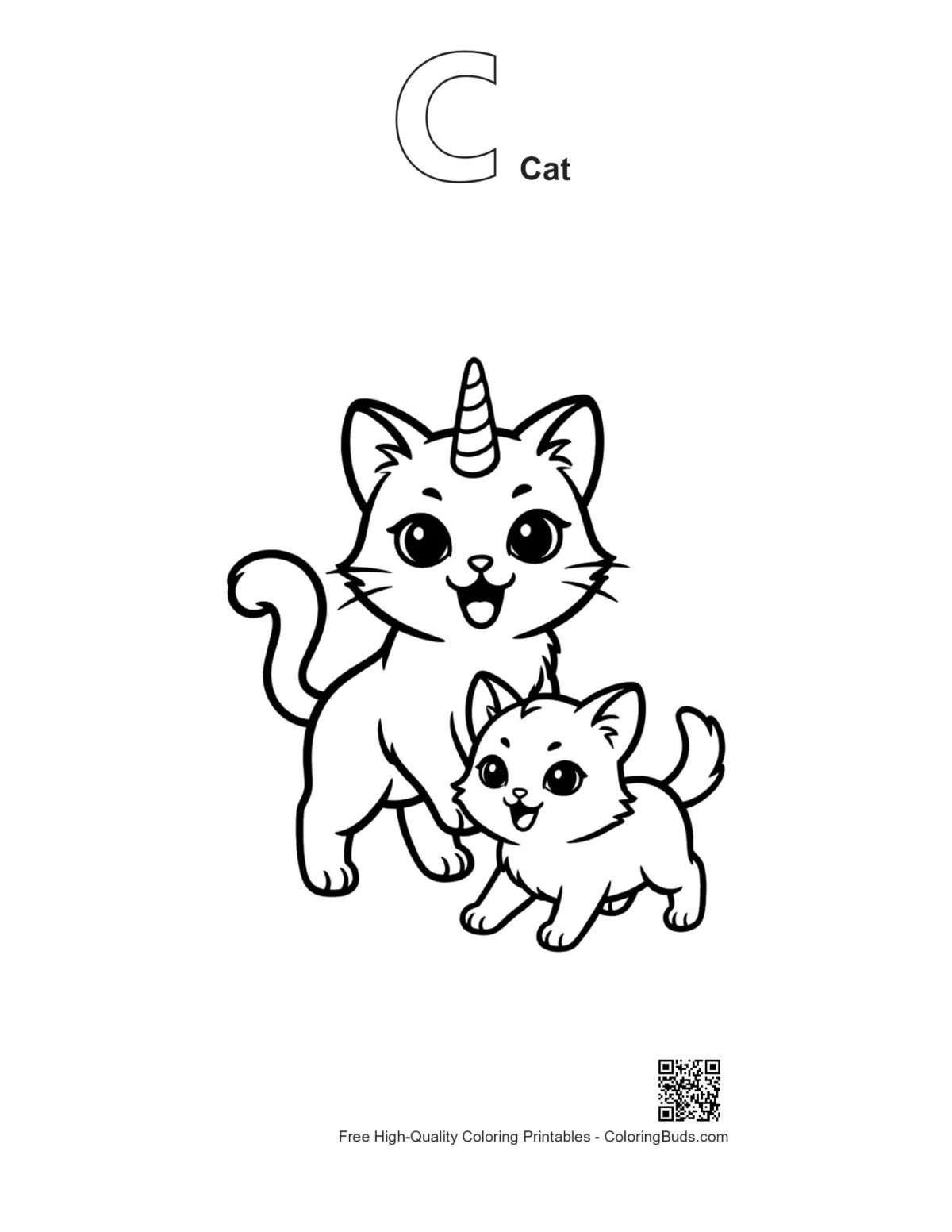 Unicorn cat printable with alphabet C outline