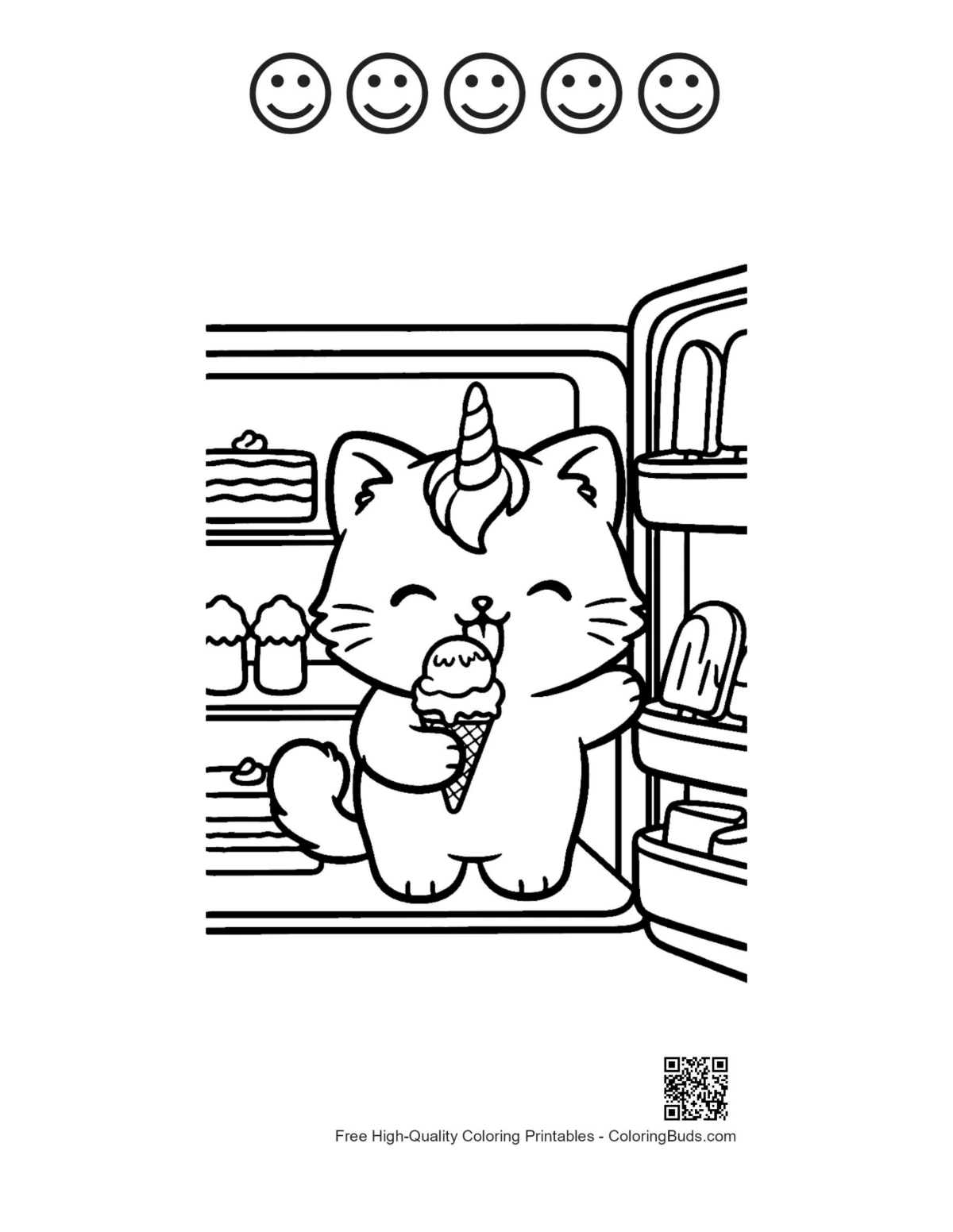 Unicorn cat ice cream 5 happy face outline coloring page