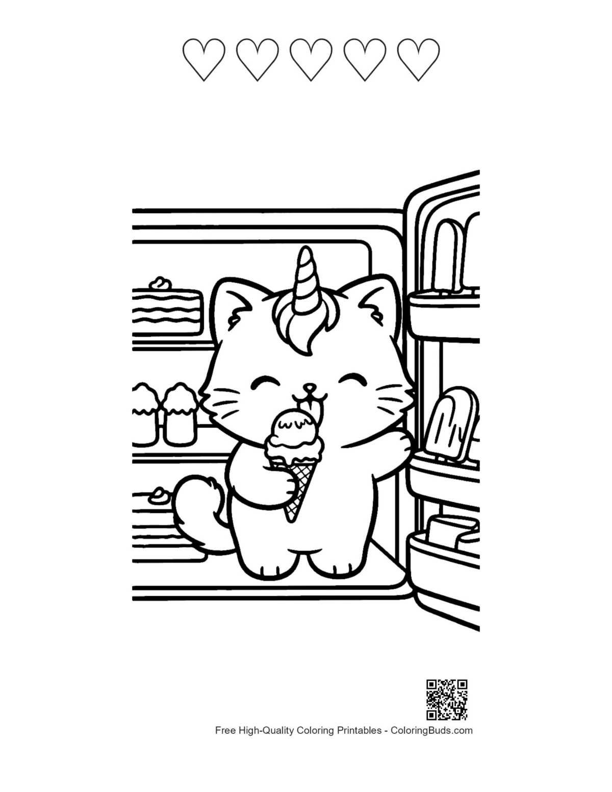 Unicorn cat ice cream with 5 heart outline printable