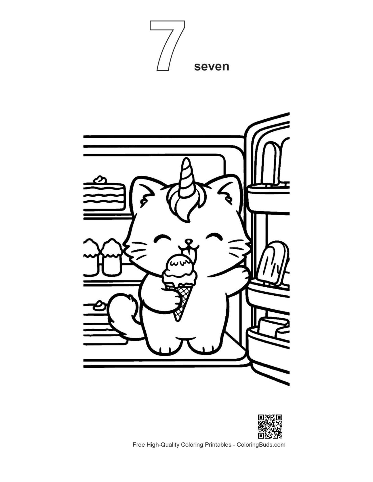 Unicorn cat ice cream coloring outline number 7 printable
