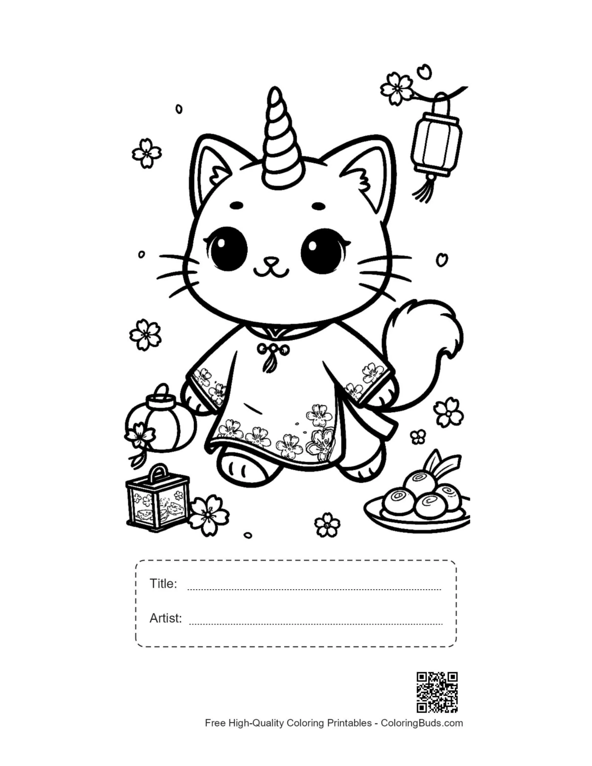 Einhorn-Katze zum Drucken mit Titel- und Künstlerfeld