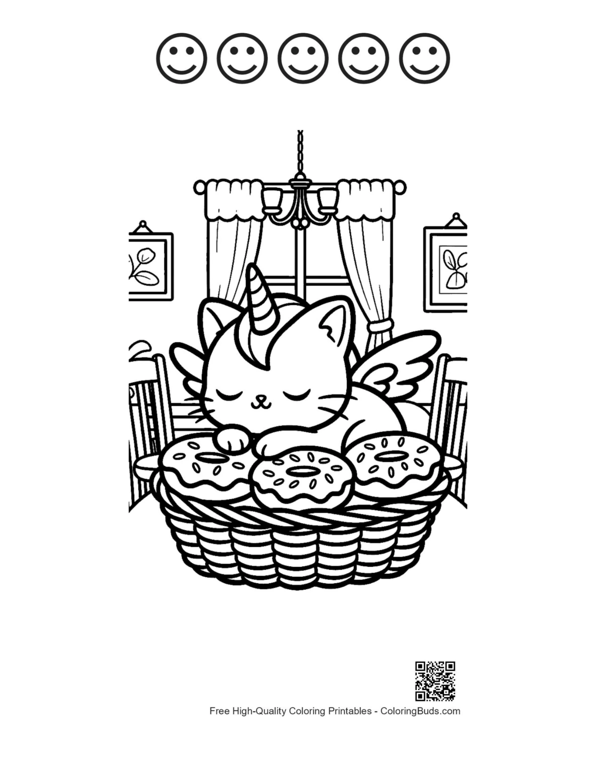 Unicorn cat color sheet 5 happy faces paws tucked