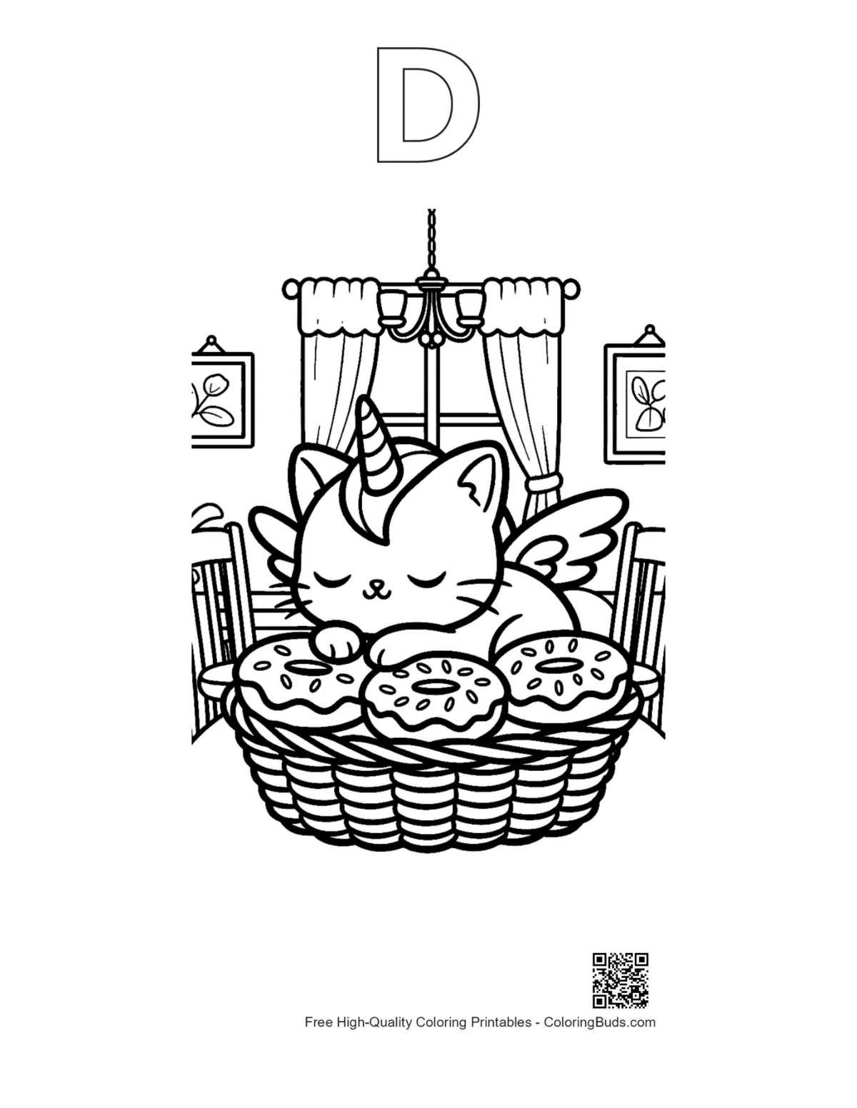 Unicorn cat coloring page alphabet D outline paws tucked