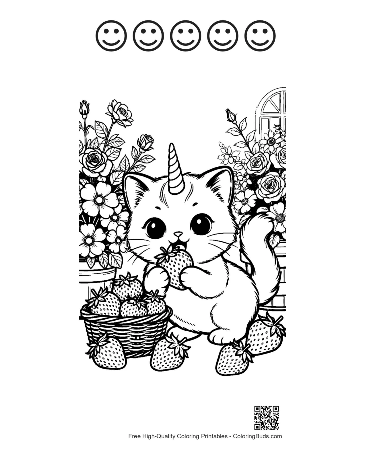 Strawberry garden unicorn kitten printable 5 happy faces