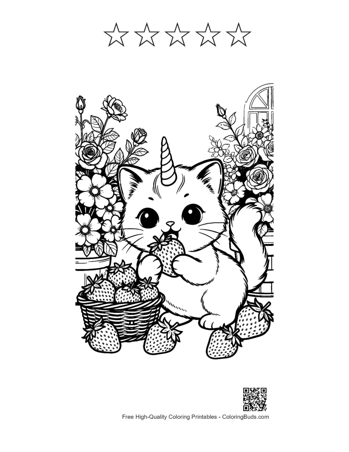 Unicorn cat coloring page strawberry garden with 5 stars