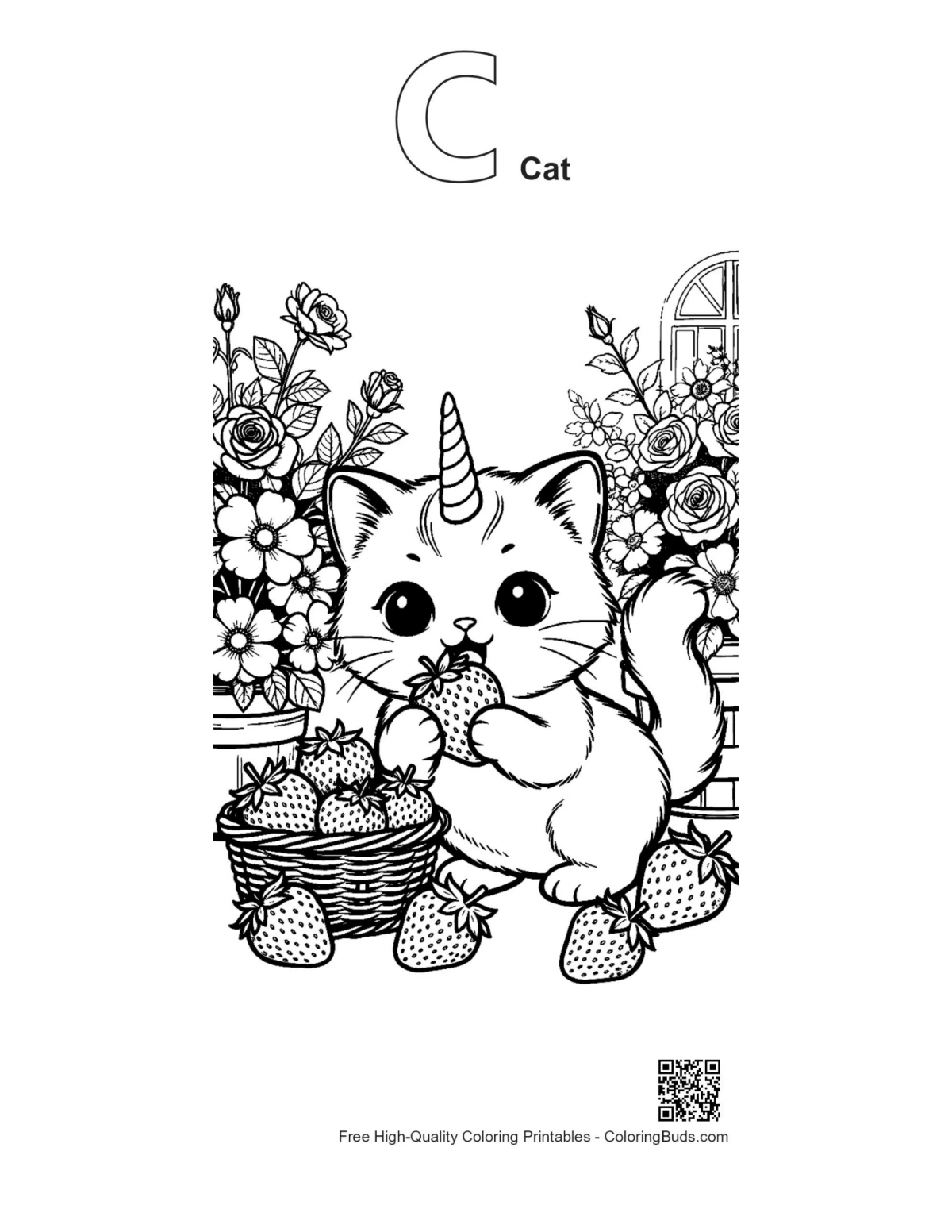 Unicorn kitten strawberry garden outline alphabet C cat printable