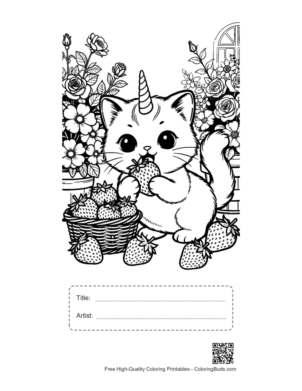 Unicorn cat strawberry garden printable with title artist box