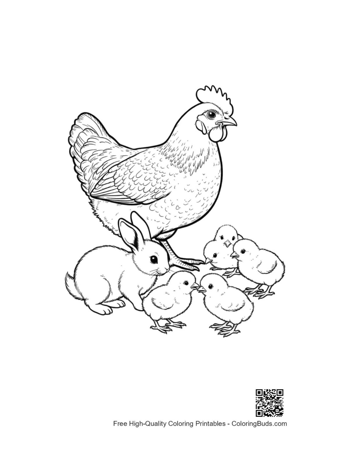 Mother Hen Bunny Chicks coloring page