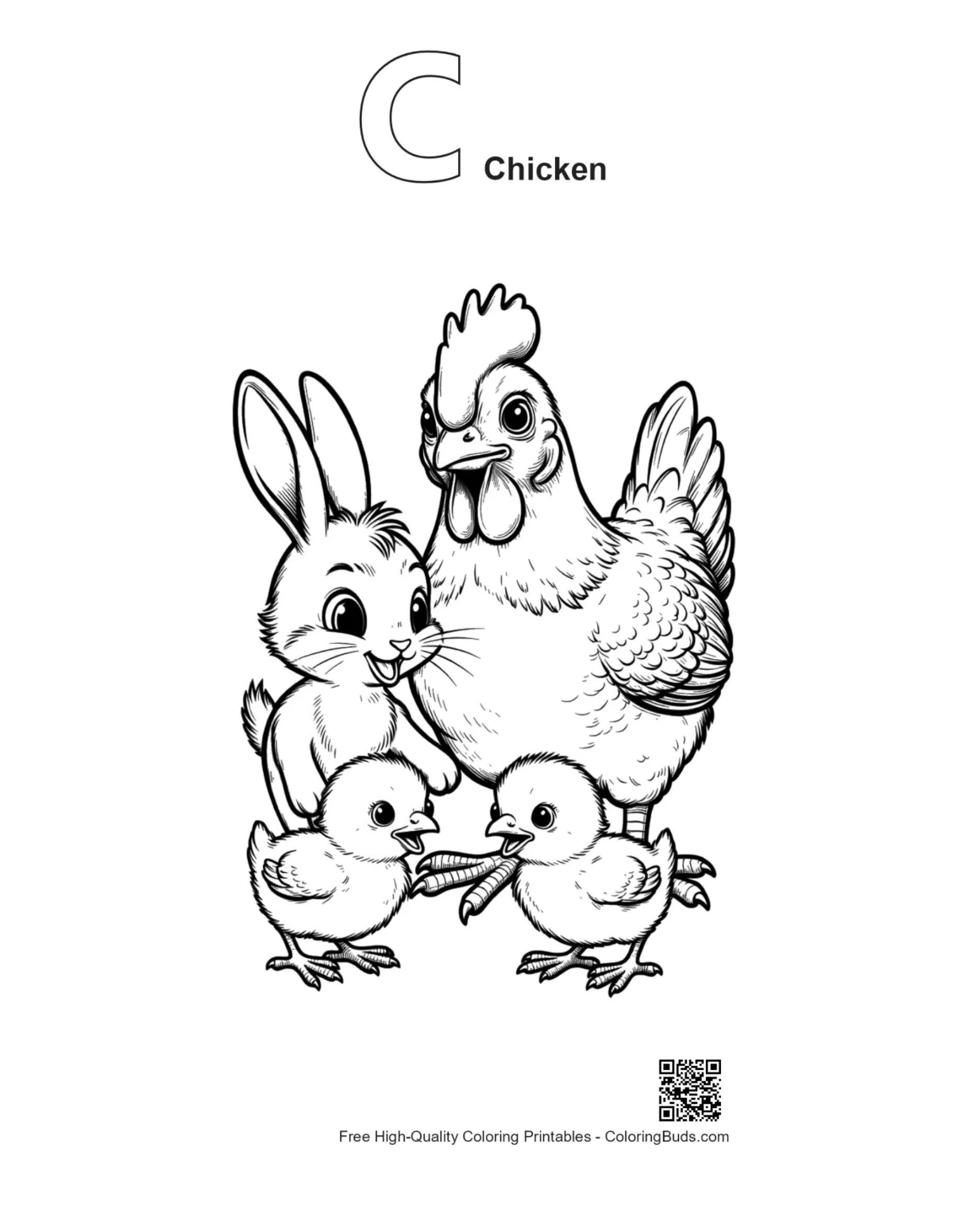 ไก่ตัวเมีย ลูกไก่ ตัวอักษร C โครงร่างไก่