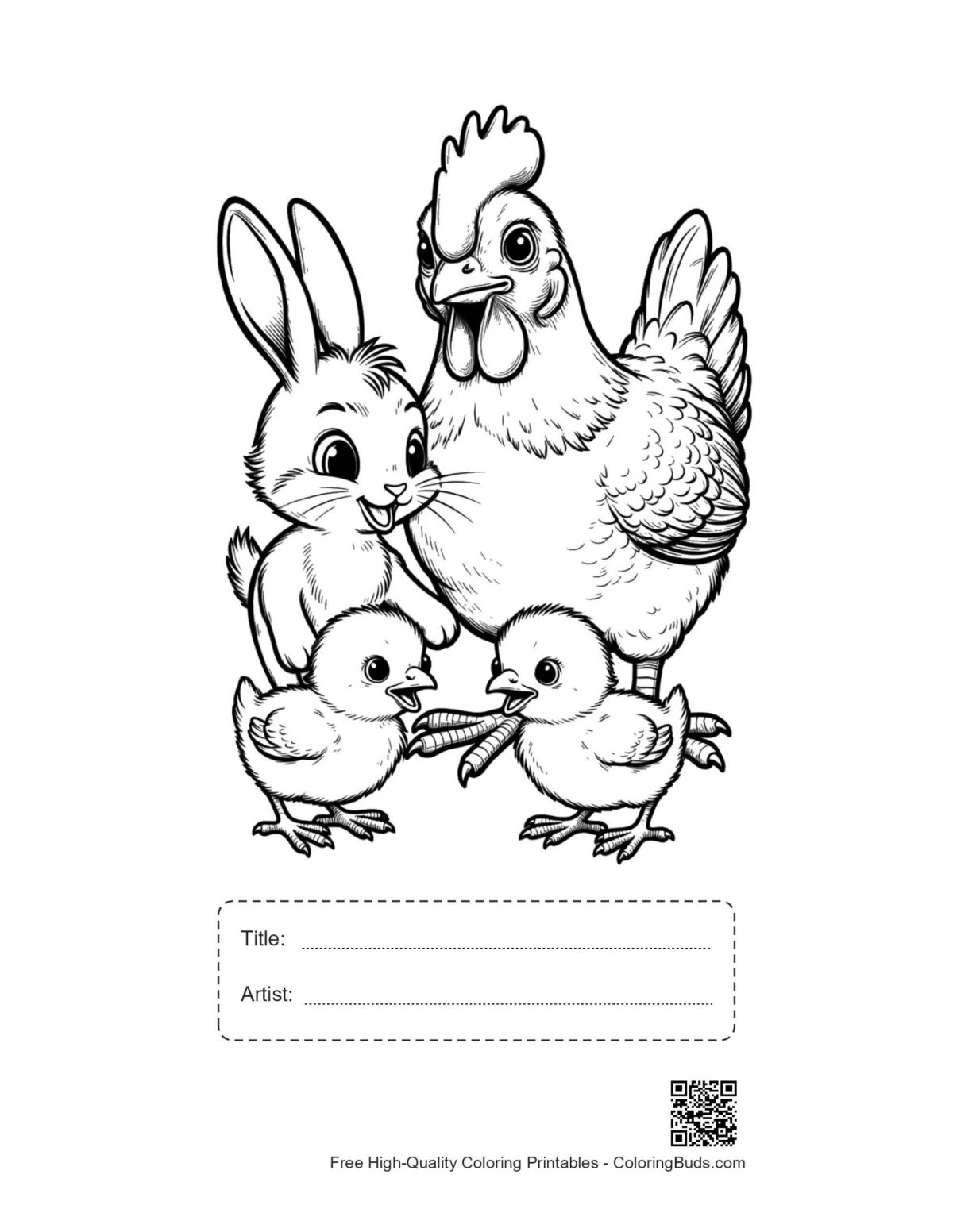 ภาพพิมพ์แม่ไก่ กระต่าย และลูกไก่ พร้อมช่องใส่ชื่อเรื่อง
