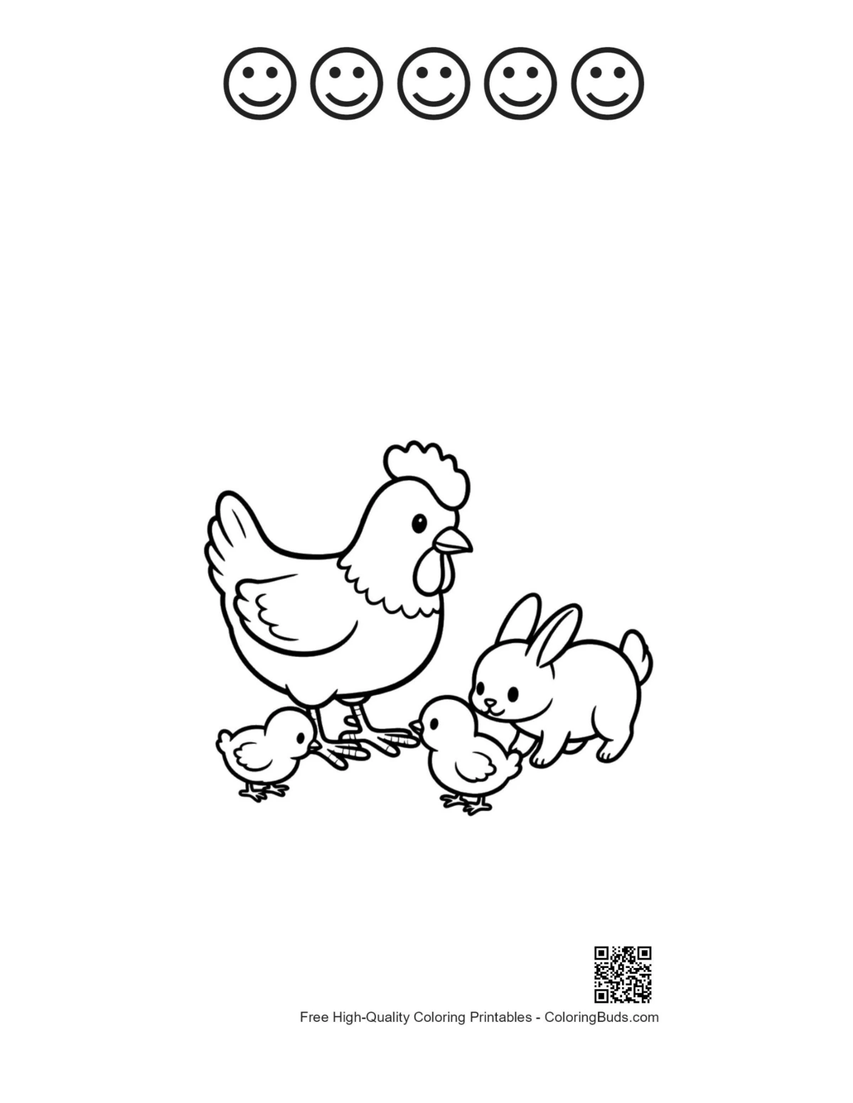 Hen Bunny chicks 5 happy faces outline