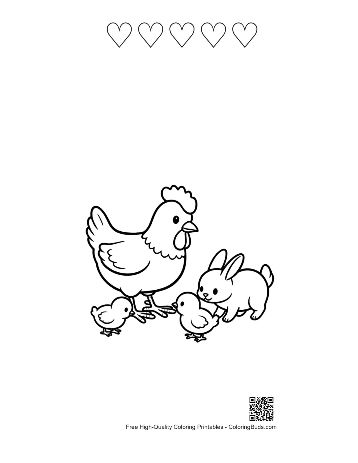Hen Bunny chicks with 5 hearts printable