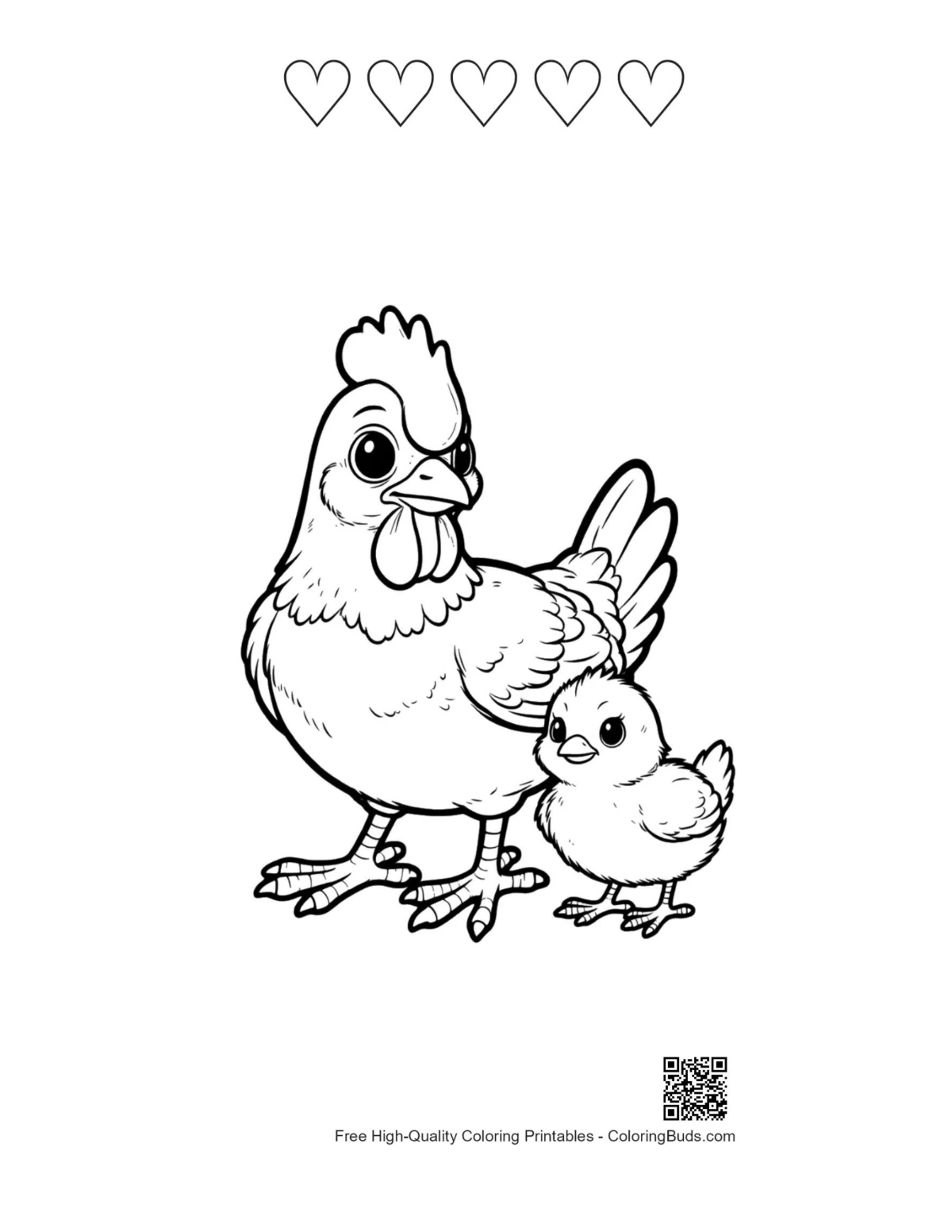 ภาพร่างแม่ไก่กับลูกไก่พร้อมหัวใจ 5 ดวง (สำหรับพิมพ์)