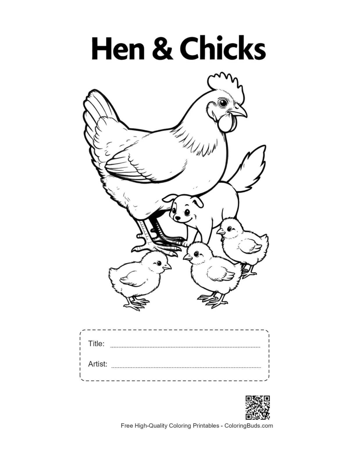 ภาพพิมพ์แม่ไก่และลูกไก่ พร้อมช่องใส่ชื่อเรื่อง