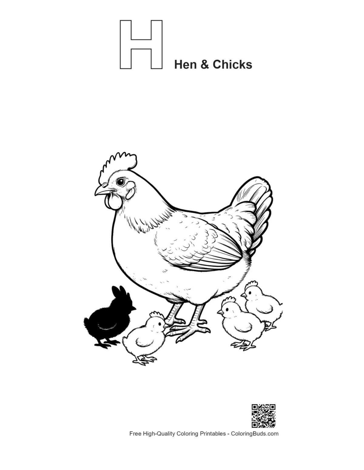 Hen & chicks alphabet H coloring outline