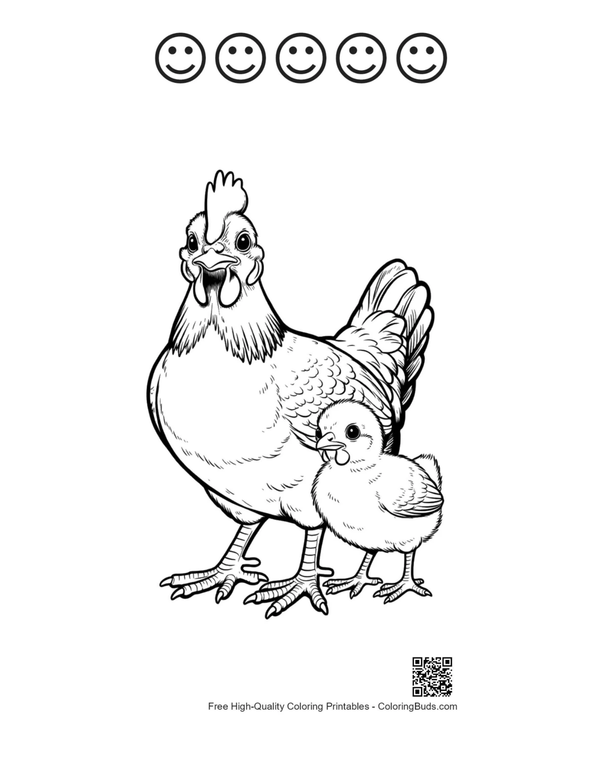 ภาพระบายสีแม่ไก่และลูกไก่หน้ายิ้ม สามารถพิมพ์ได้