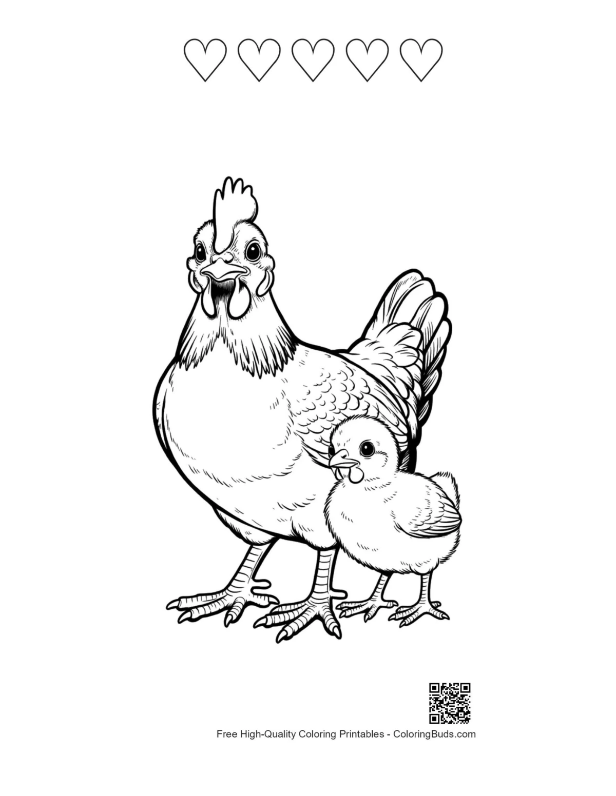 หน้าสำหรับพิมพ์รูปแม่ไก่และลูกไก่รูปหัวใจ