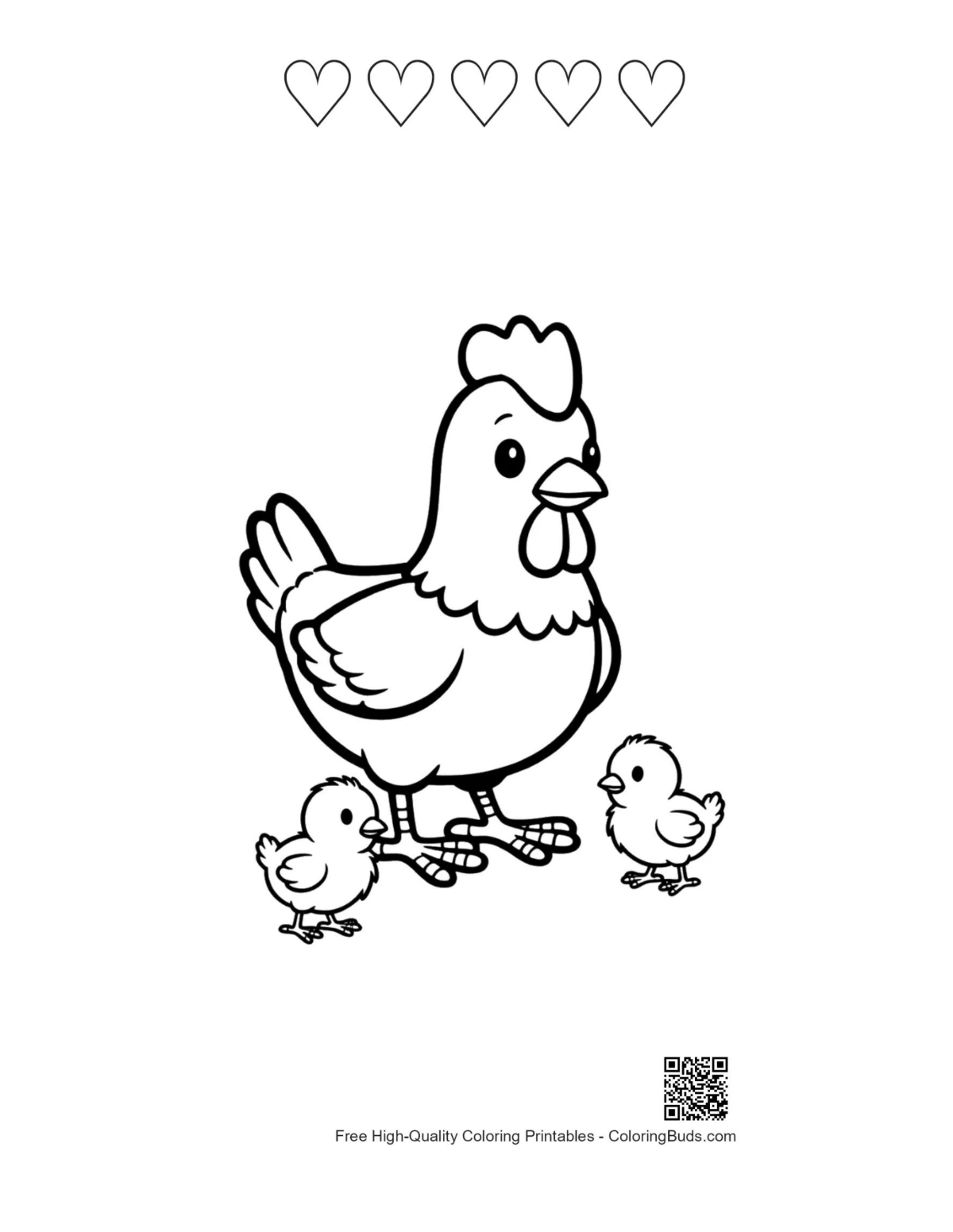 Mother hen chicks hearts coloring page