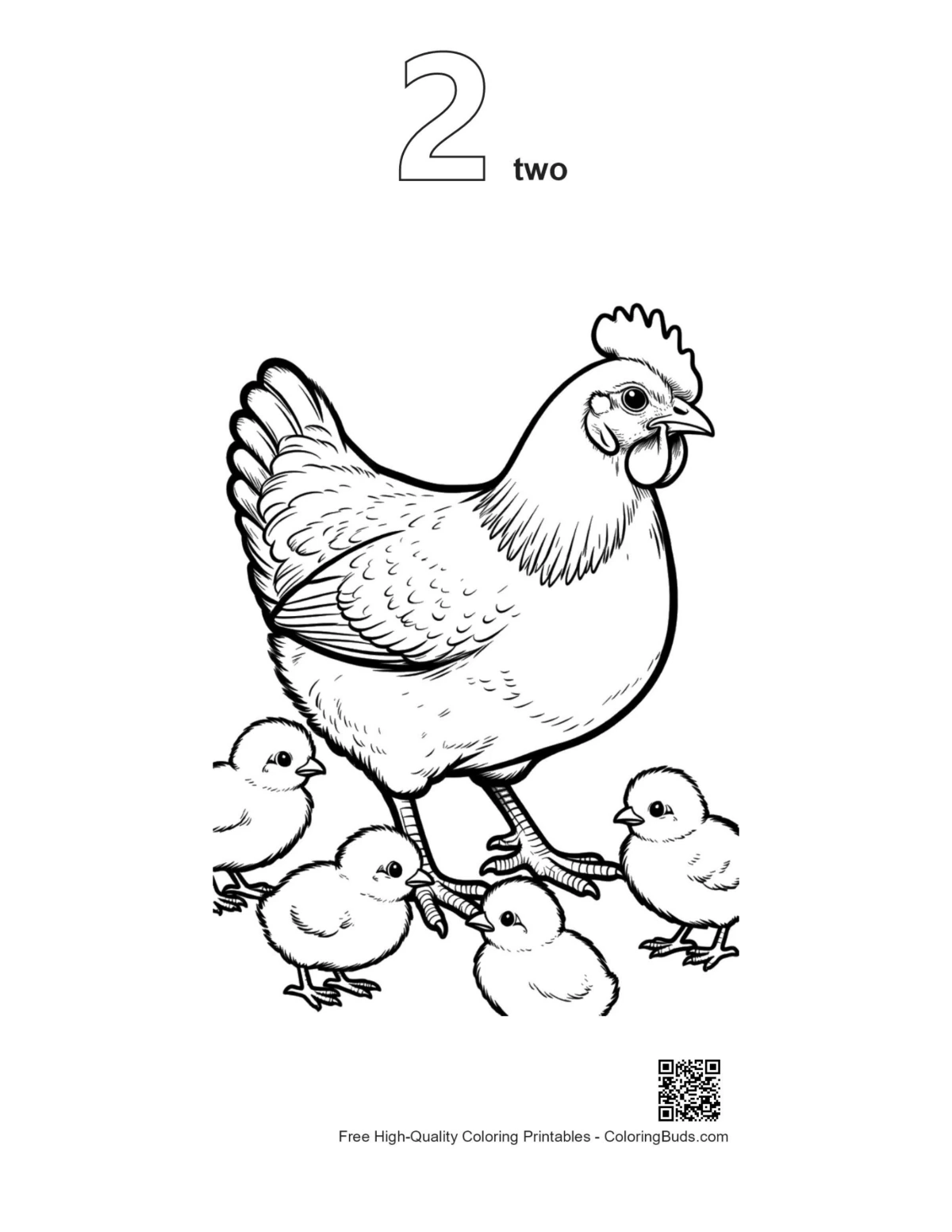 โครงร่างระบายสีลูกไก่แม่ไก่ที่มีหมายเลขกำกับ