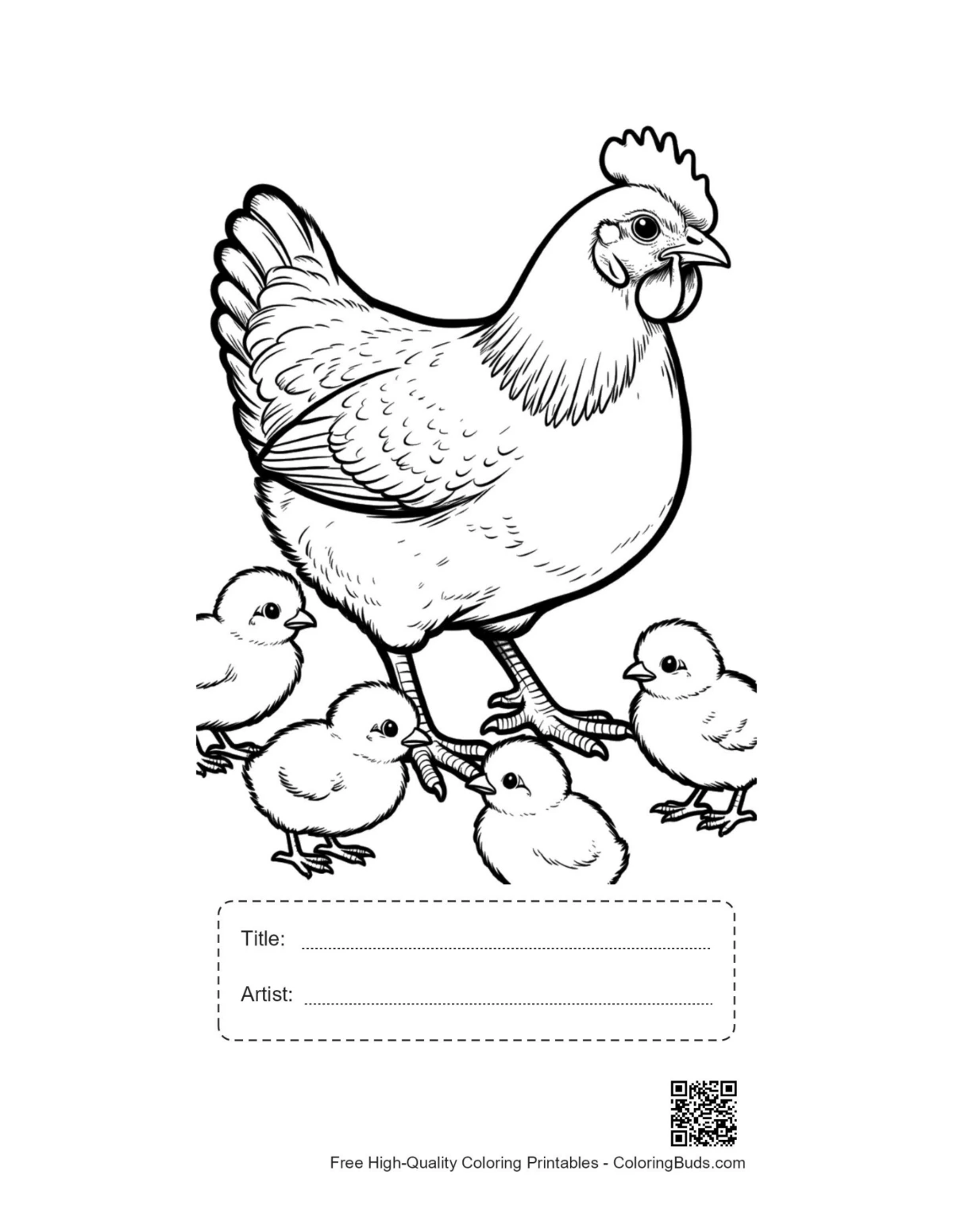 ภาพพิมพ์แม่ไก่และลูกไก่ พร้อมช่องใส่ชื่อเรื่อง