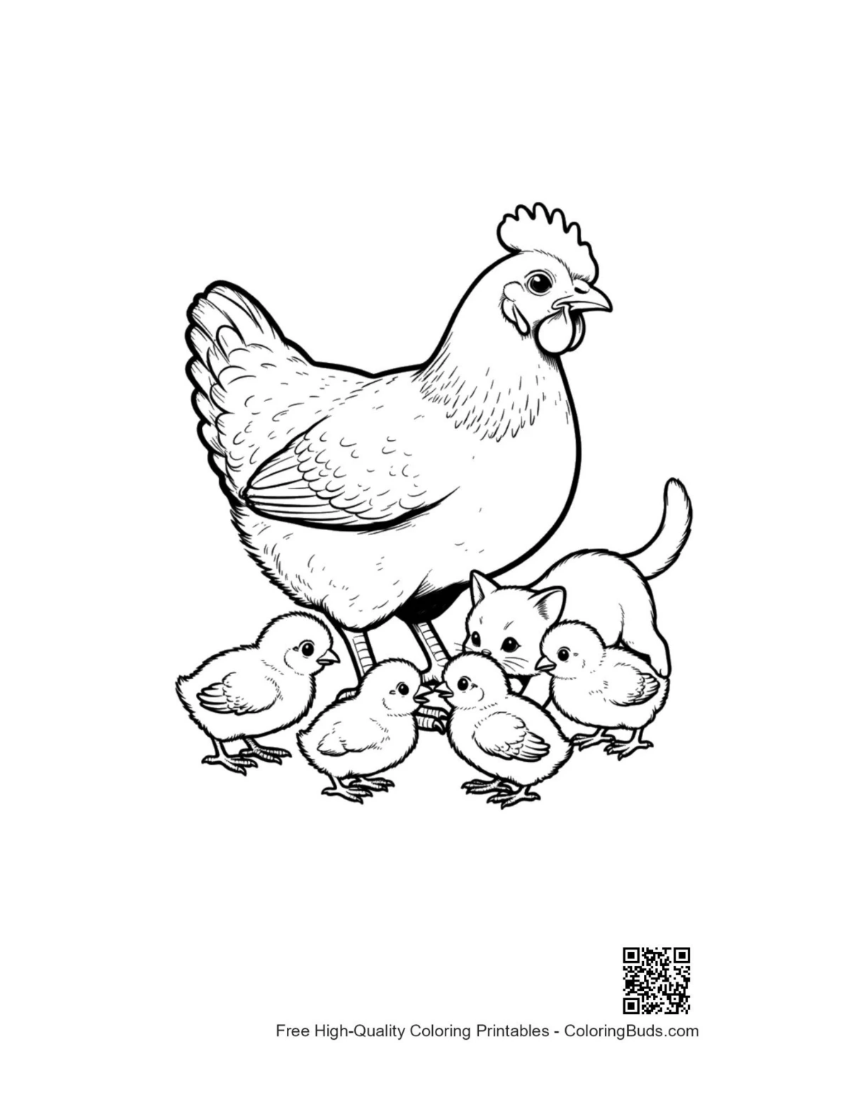 ภาพระบายสีแม่ไก่กับลูกไก่และลูกแมว