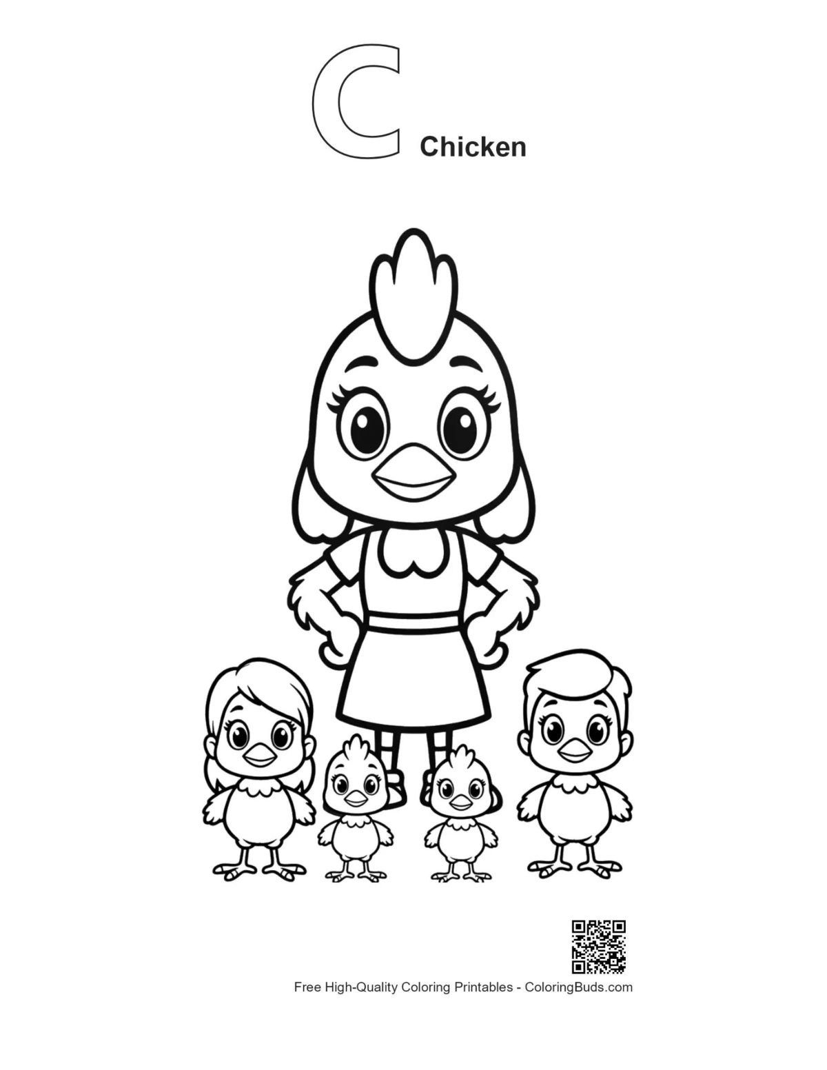 โครงร่างแม่ไก่และลูกไก่พร้อมตัวอักษร C