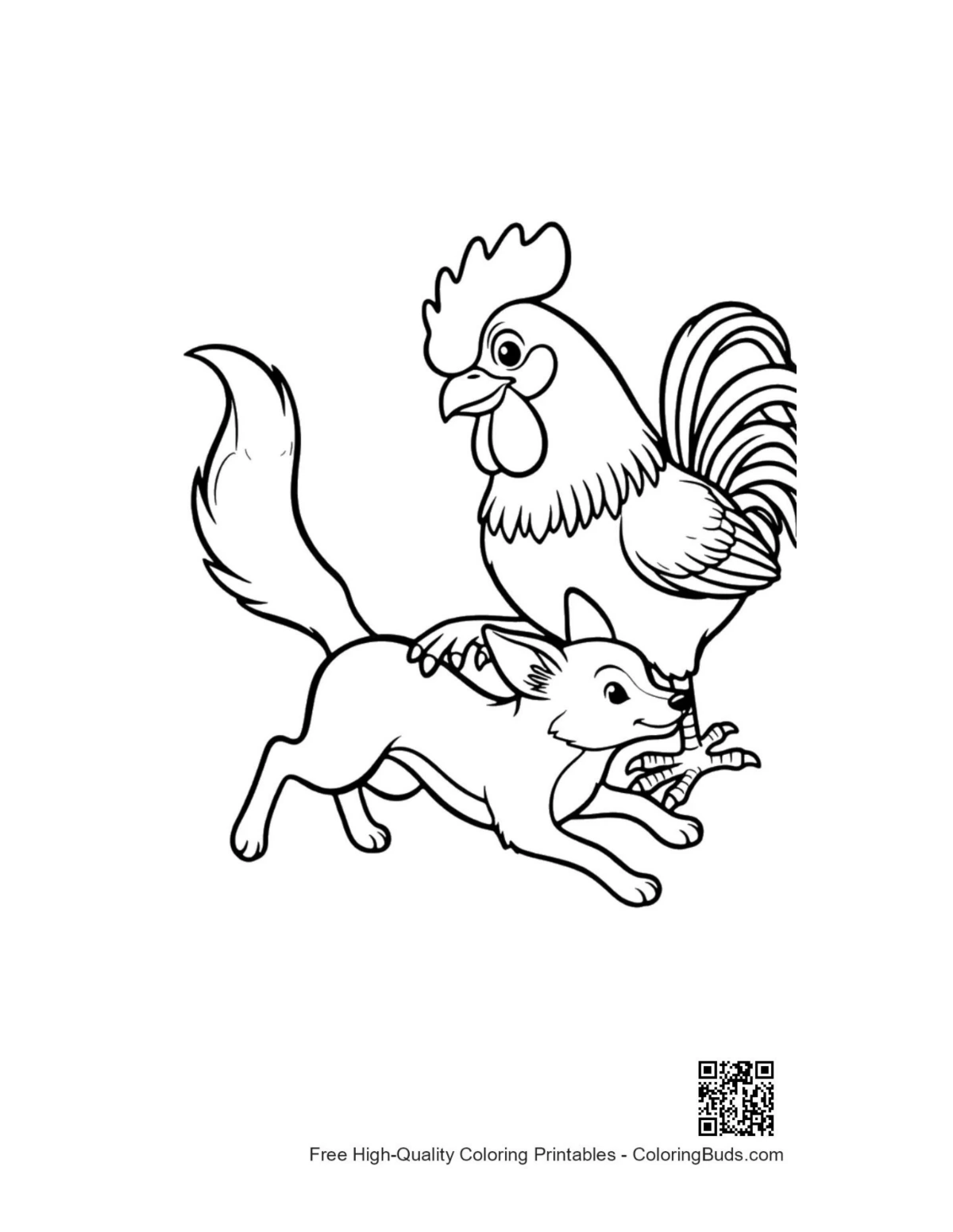 ภาพระบายสีไก่ตัวผู้และสุนัขจิ้งจอกแสนซน