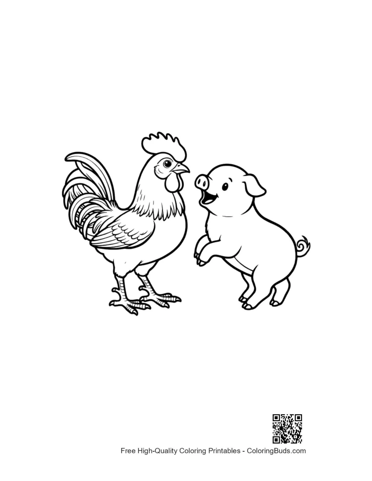 Playful rooster and piglet frolic coloring page