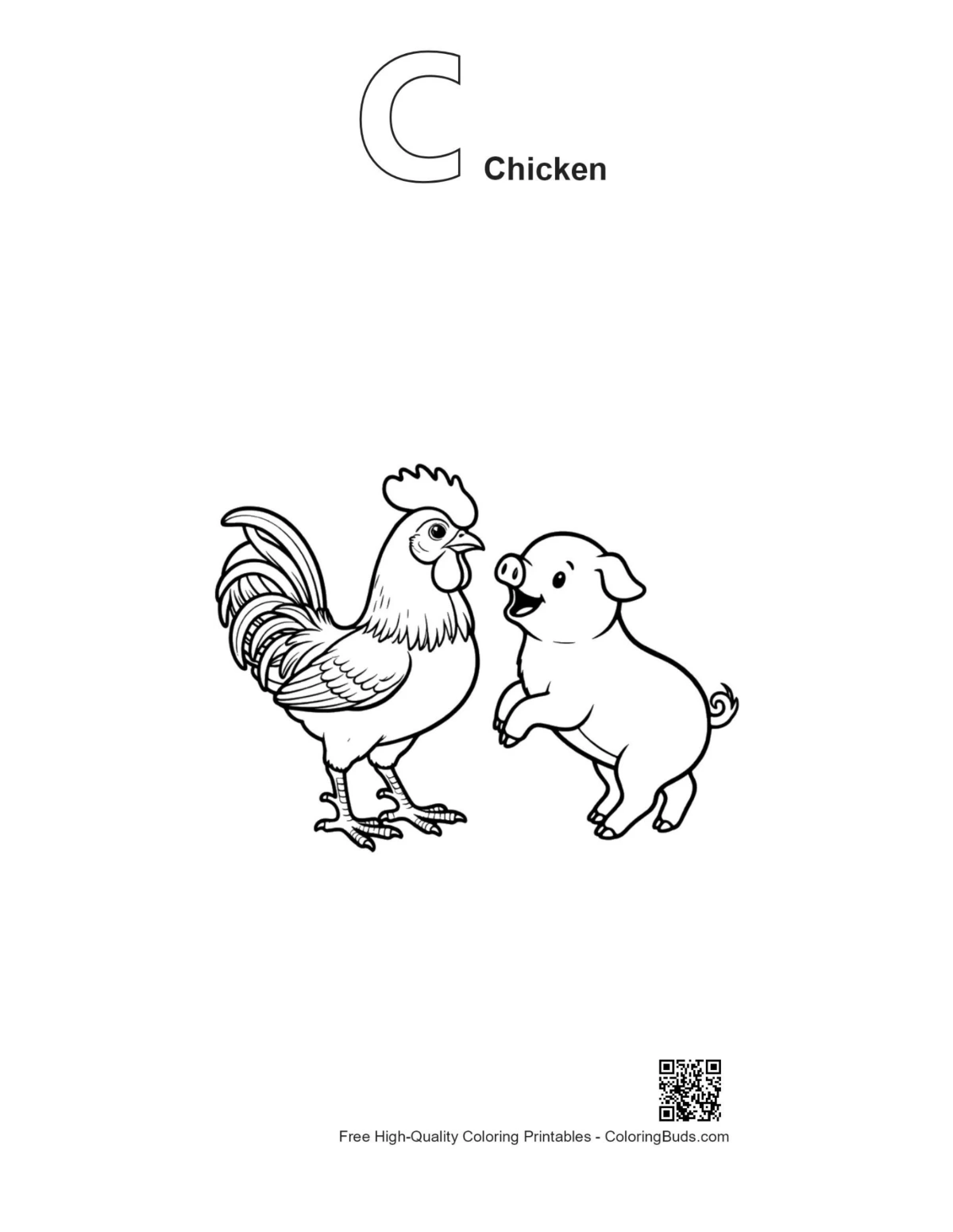 Rooster coloring page with alphabet C outline