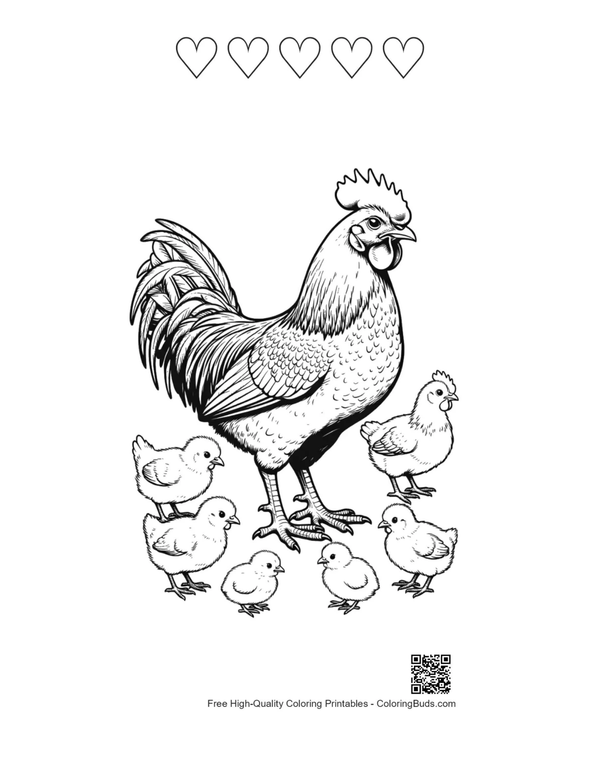 ภาพพิมพ์ครอบครัวไก่ตัวผู้พร้อมรูปหัวใจ