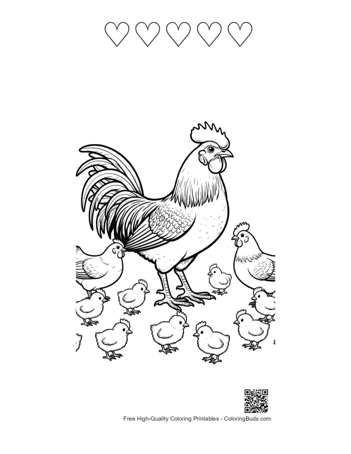 Rooster coloring with heart outlines