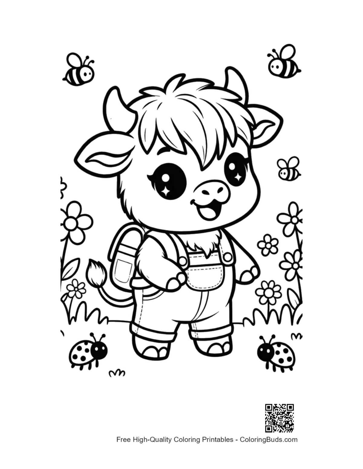 Cute Highland cow calf student backpack coloring printable