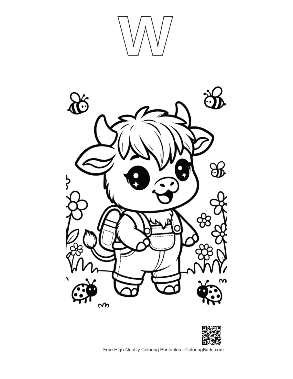Highland cow calf backpack alphabet W outline printable