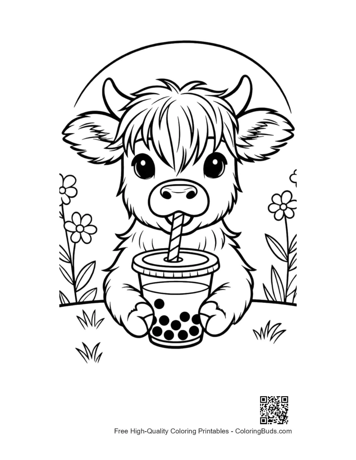 Adorable highland cow calf boba tea printable coloring page