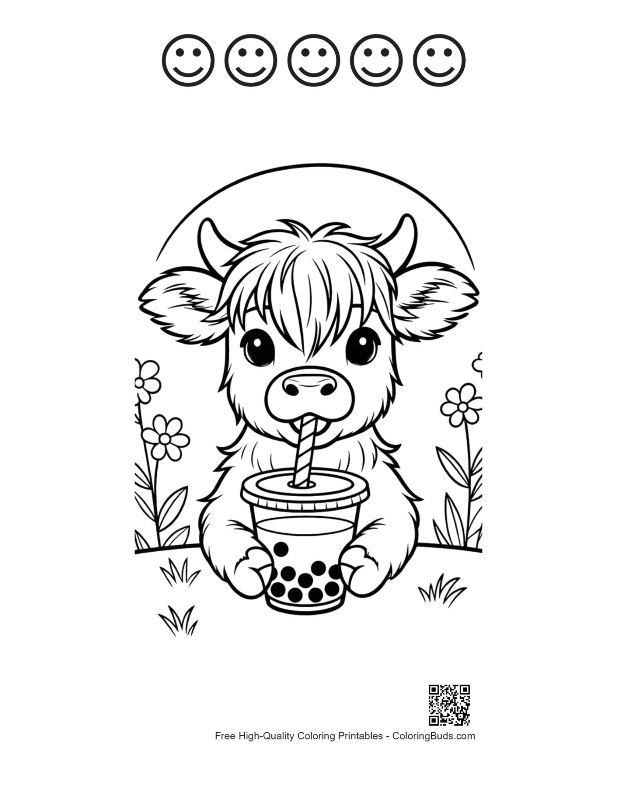 Highland cow calf boba tea printable 5 happy faces outlines